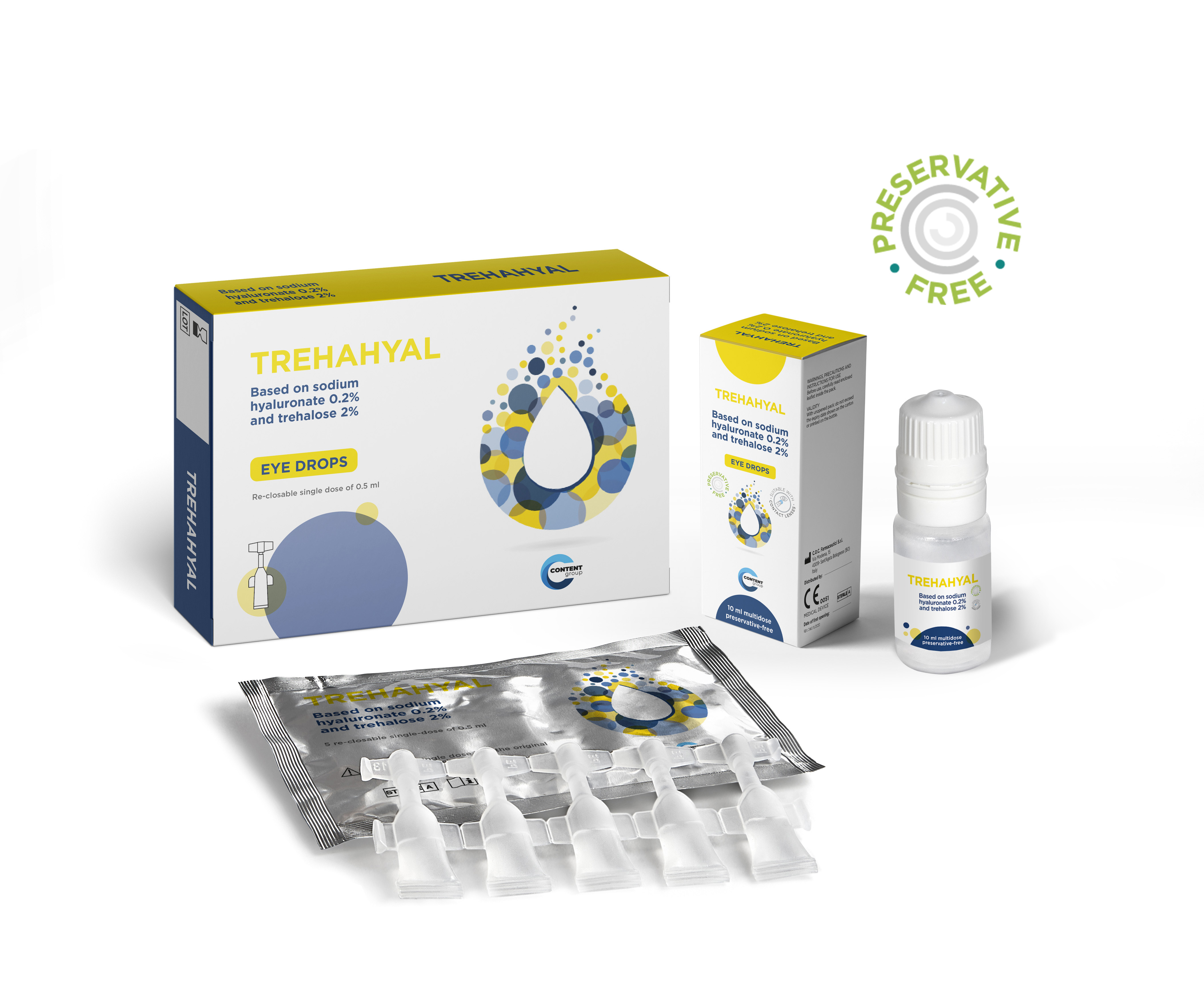 Packaging prodotto TREHAHYAL: flacone multidose, strip monodose e sigillo preservative-free