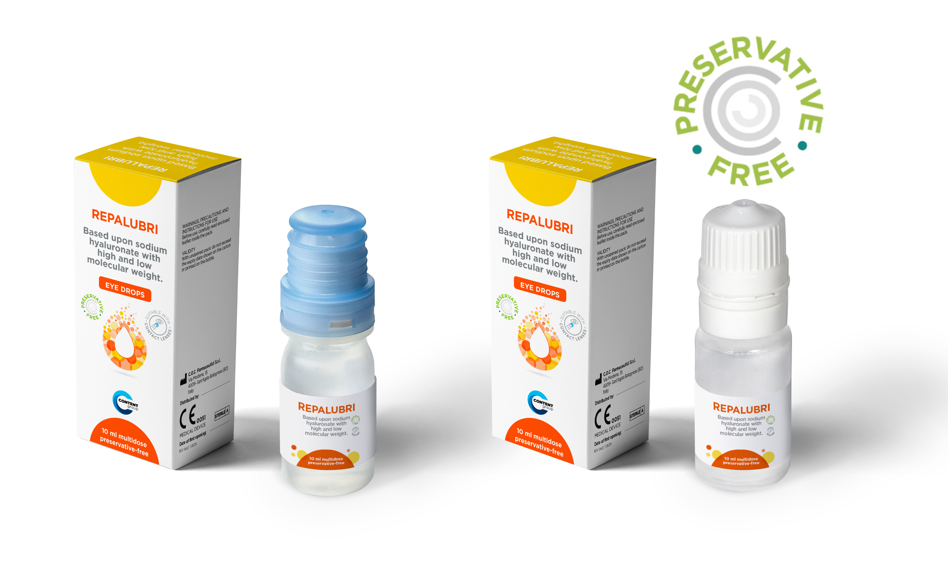 Packaging prodotto REPALUBRI: astucci e flaconi multidose con sigillo preservative-free